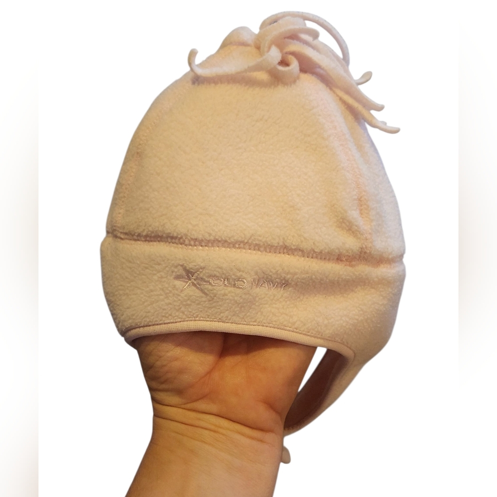 L/XL 12-24m Old Navy Soft Pink Baby Hat with Velcro Closure & Top Pom Pom